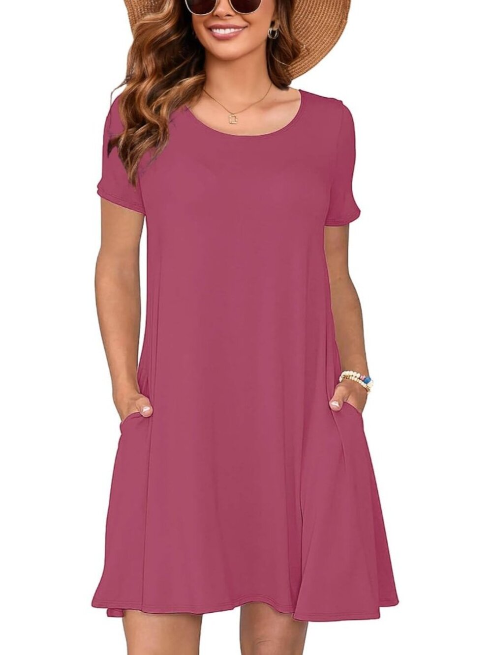 Women's Red Dresses Summer Short Sleeve Crewneck Swing Dress Casual T-Shirt